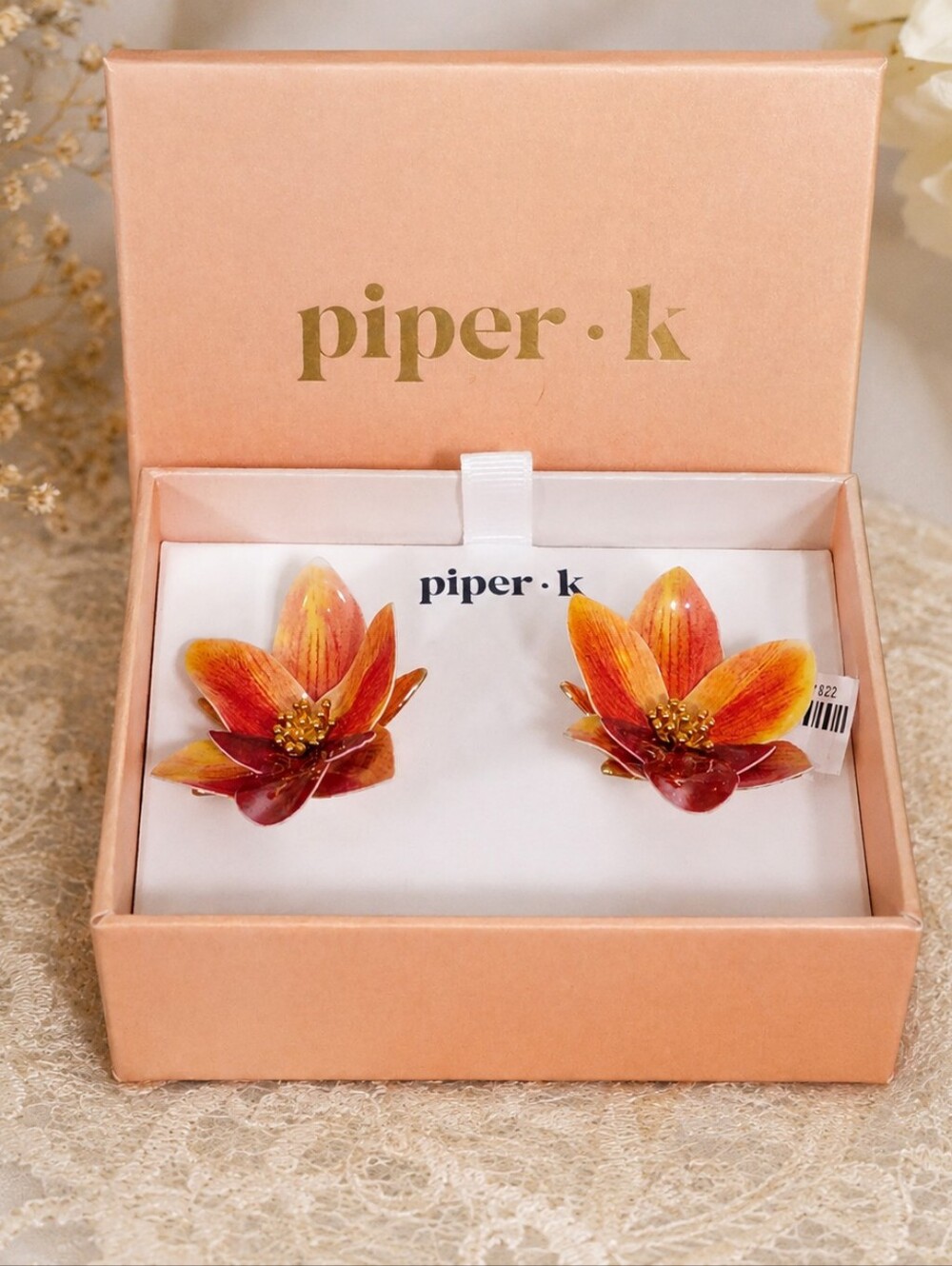 Piper K Floral Statement Earrings Orange Red Gold Flower Studs Gift NEW IN BOX!
